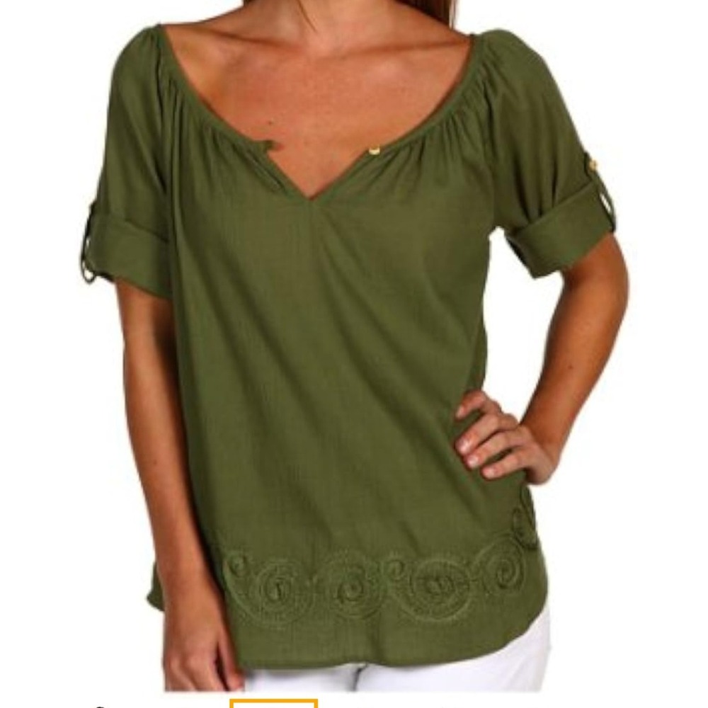Lucky Brand Women's Hermosa Tunic Style Top Small 3/4 Roll Tab Sleeves Green